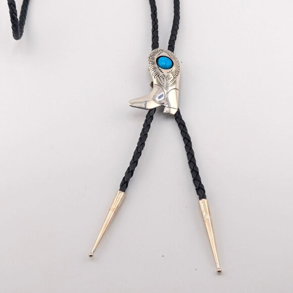 Navajo Kingman Turquoise Bolo Tie Leather Sterling Silver Southwest Accessory ** - Picture 10 of 10